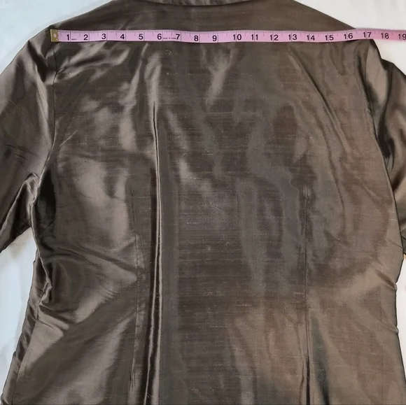 Allion Taylor Gold Silk Satin Band Collar V-Neck Blouse - Long Sleeve - Picture 5 of 7